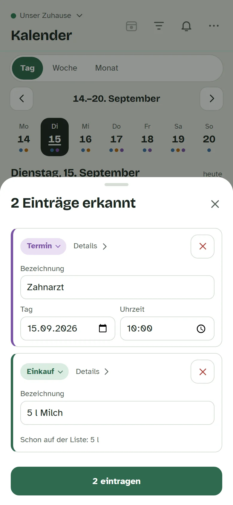 Das Fenster zum Bestätigen mit einem erkannten Termin und einem Einkauf
