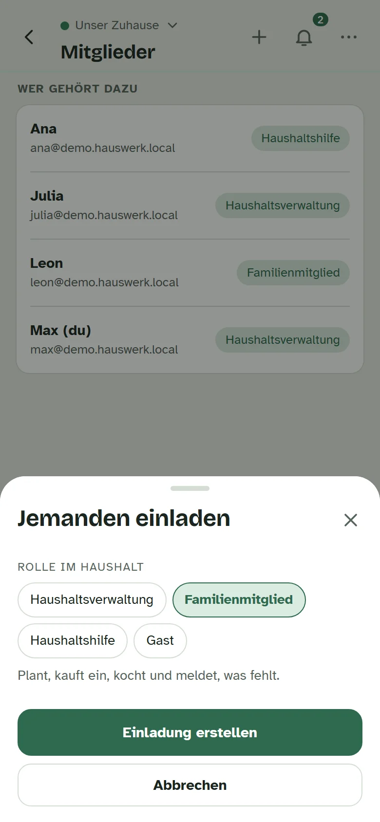 Das Fenster zum Einladen mit der Auswahl der Rolle