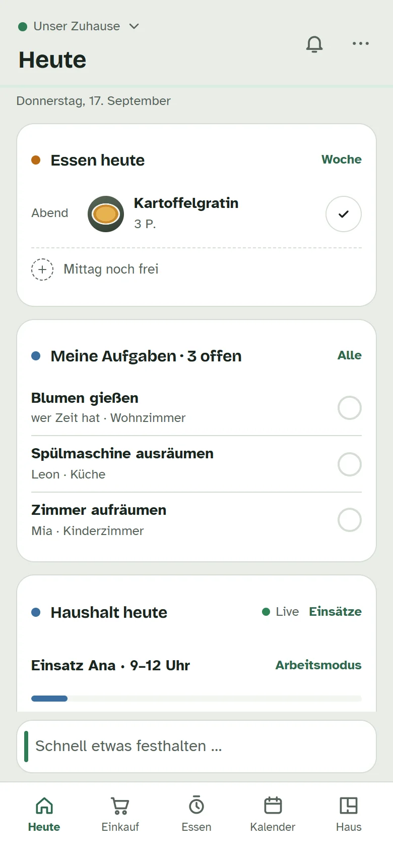 Die Seite „Heute“ mit Essen, eigenen Aufgaben und dem Einsatz der Haushaltshilfe