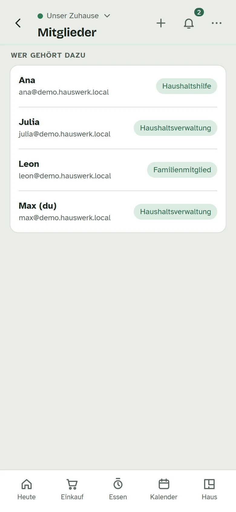 Die Mitgliederliste mit vier Personen und ihren Rollen