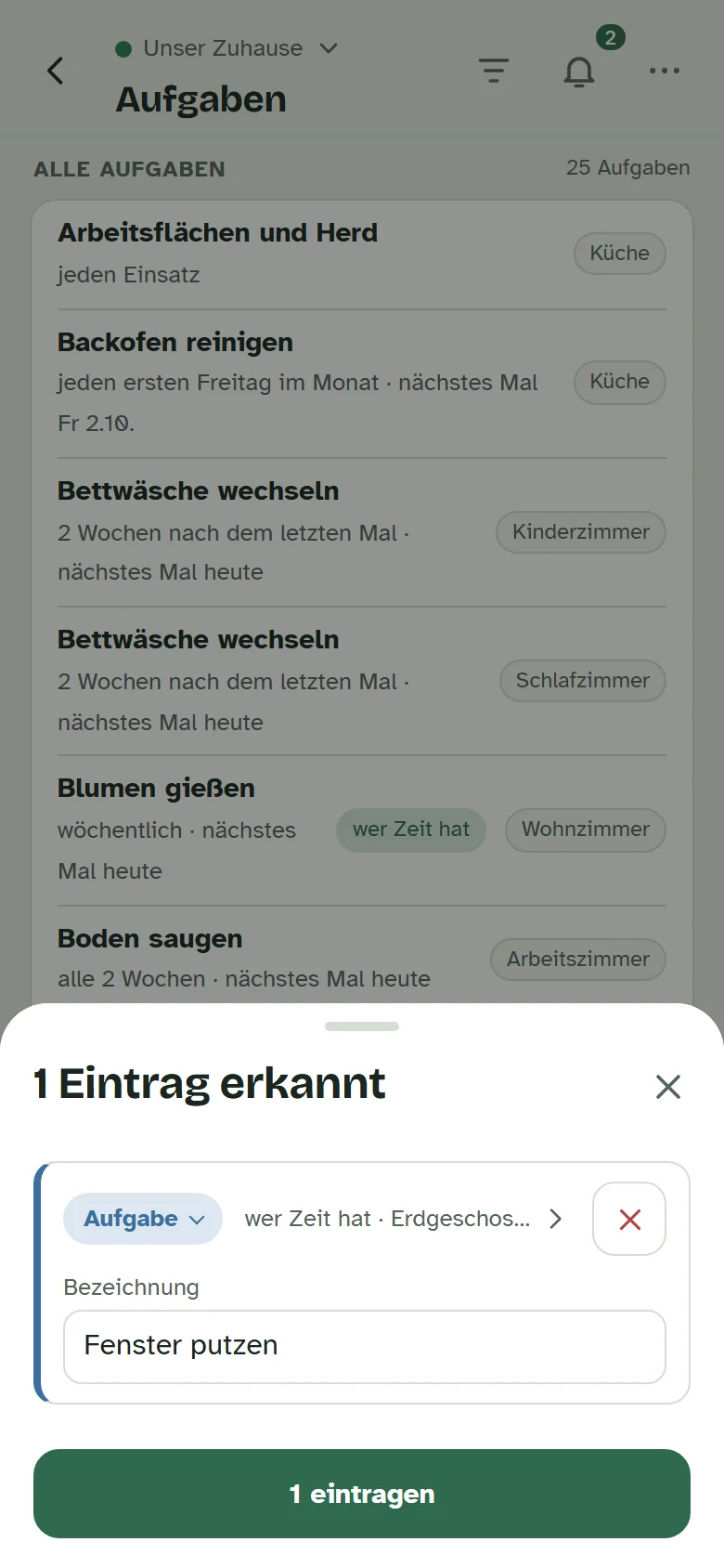 Das Fenster zum Bestätigen mit der Aufgabe „Fenster putzen“ für das ganze Erdgeschoss alle 2 Wochen