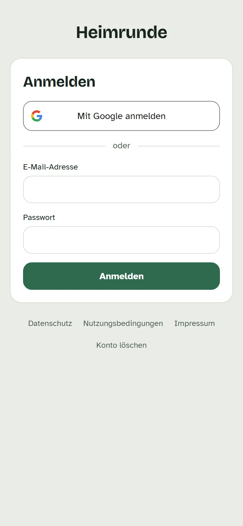 Die Anmeldeseite mit E-Mail-Adresse, Passwort und dem Knopf für die Anmeldung