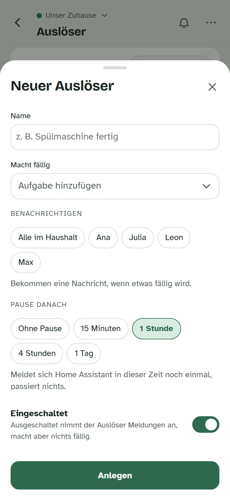 Das Fenster „Neuer Auslöser“ mit Name, der Auswahl „Macht fällig“, Personen zum Benachrichtigen und der Pause danach