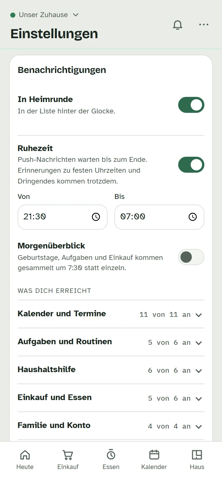 Die Karte „Benachrichtigungen“ mit Ruhezeit von 21:30 bis 07:00, dem Morgenüberblick und den Gruppen unter „Was dich erreicht“