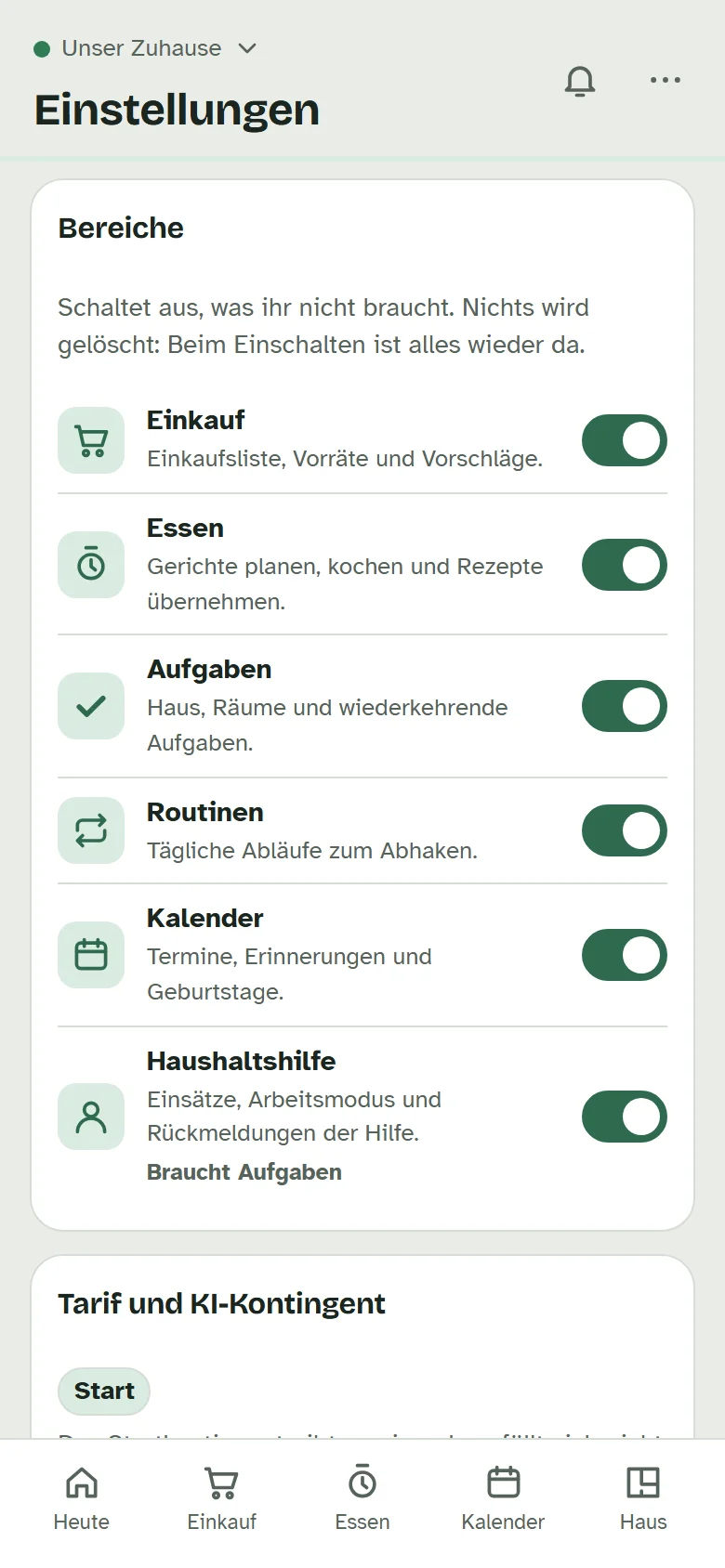 Die Karte „Bereiche“ mit Schaltern für Einkauf, Essen, Aufgaben, Routinen, Kalender und Haushaltshilfe