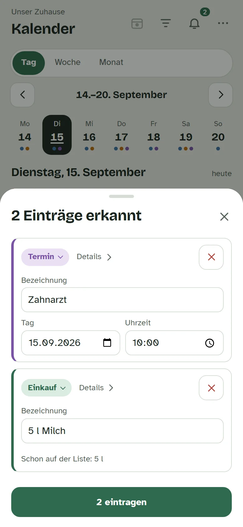 Das Fenster zum Bestätigen mit einem erkannten Termin und einem Einkauf