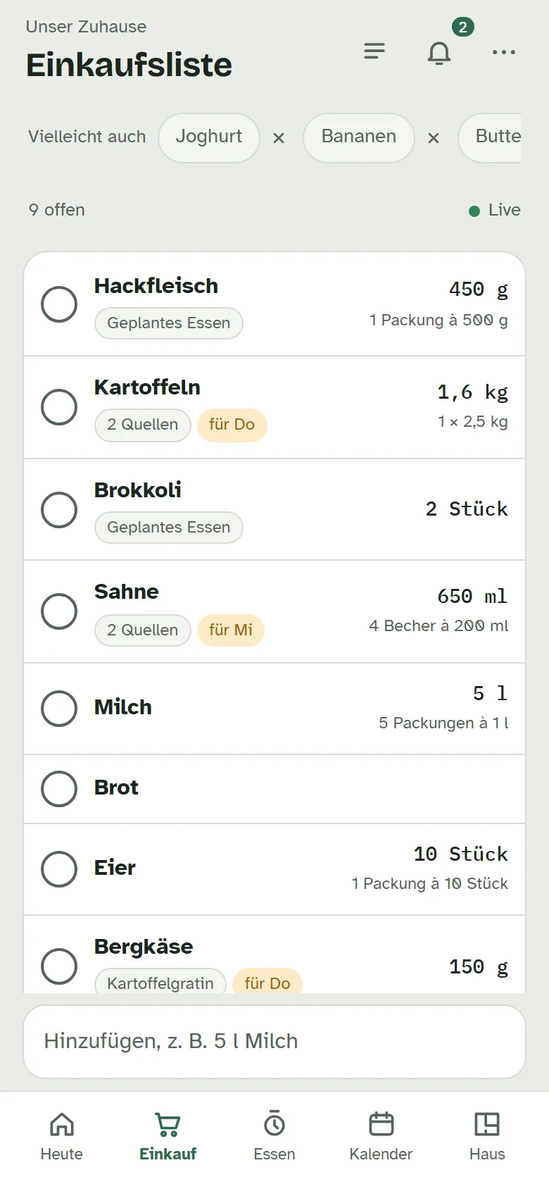 Die Einkaufsliste mit Mengen, ihrer Herkunft und Vorschlägen am oberen Rand