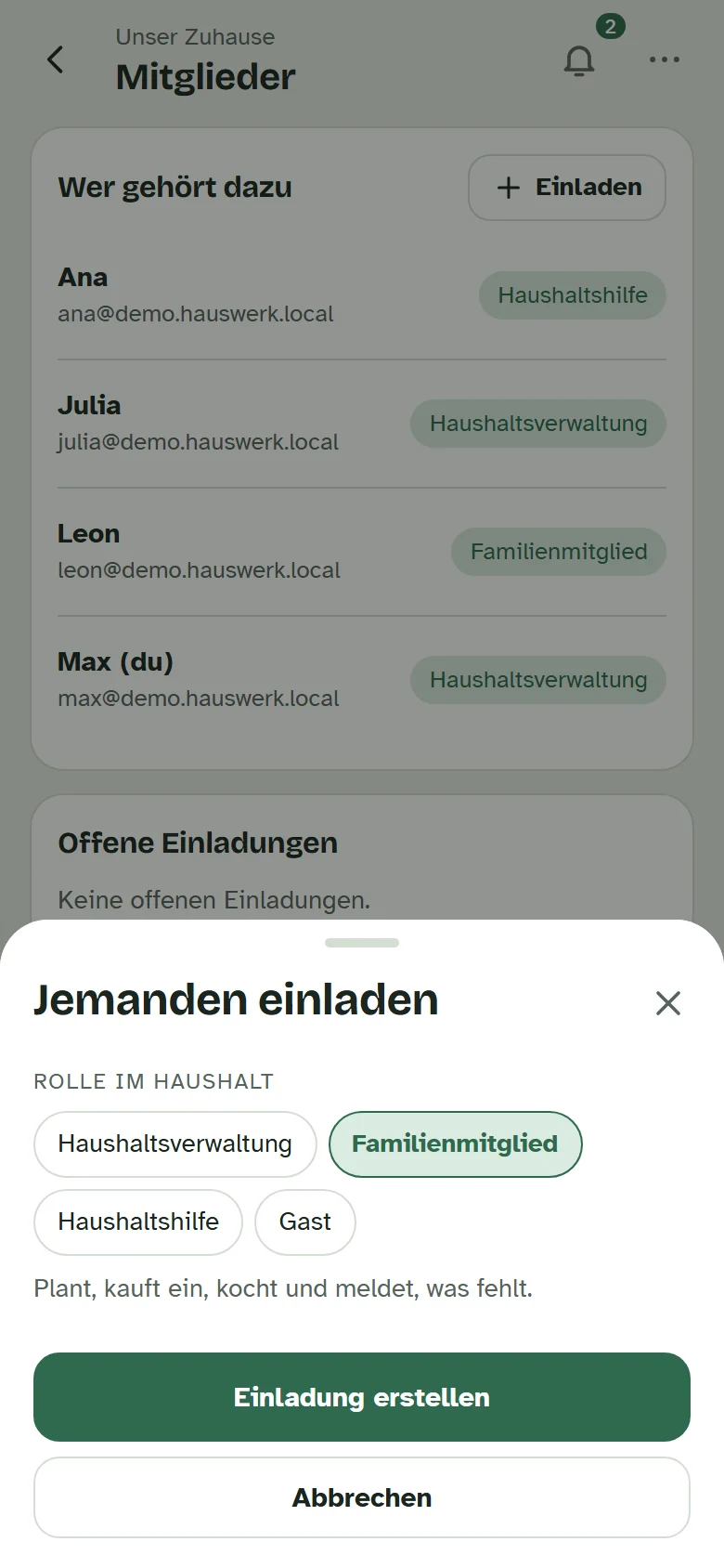Das Fenster zum Einladen mit der Auswahl der Rolle