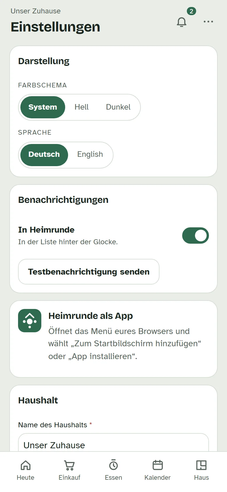 Die Einstellungen mit Darstellung, Benachrichtigungen und der Karte „Heimrunde als App“