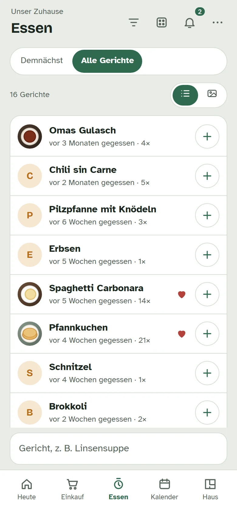 Die Sammlung „Alle Gerichte“ als Liste