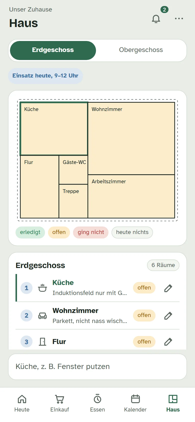 Der Bereich „Haus“ mit Etagen und Räumen