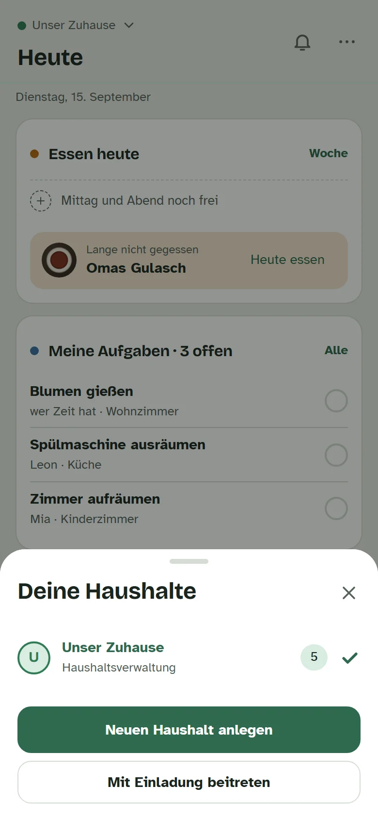 Das Fenster „Deine Haushalte“ mit dem aktiven Haushalt, seiner Rolle und den Knöpfen zum Anlegen und Beitreten