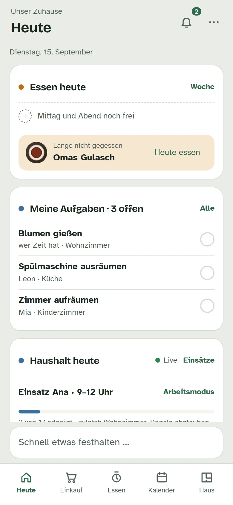 Die Seite „Heute“ mit Essen, eigenen Aufgaben und dem Einsatz der Haushaltshilfe