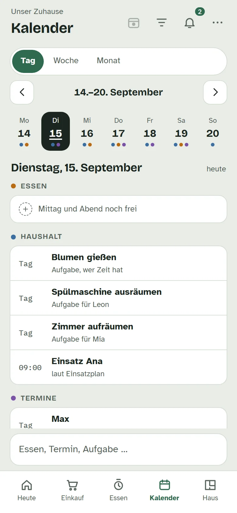 Die Tagesansicht des Kalenders mit Essen, Aufgaben im Haushalt und Terminen