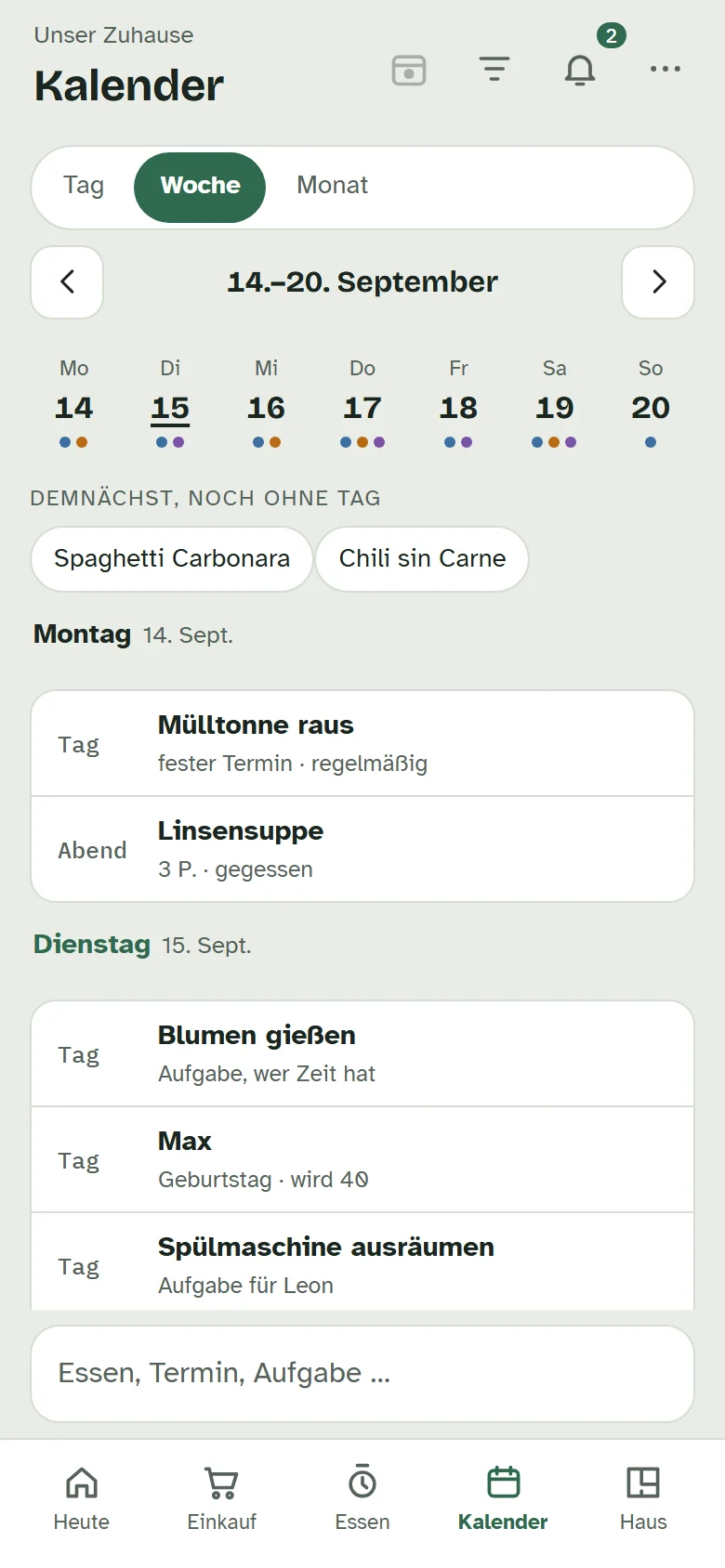 Der Kalender in der Wochenansicht mit Terminen und Essen