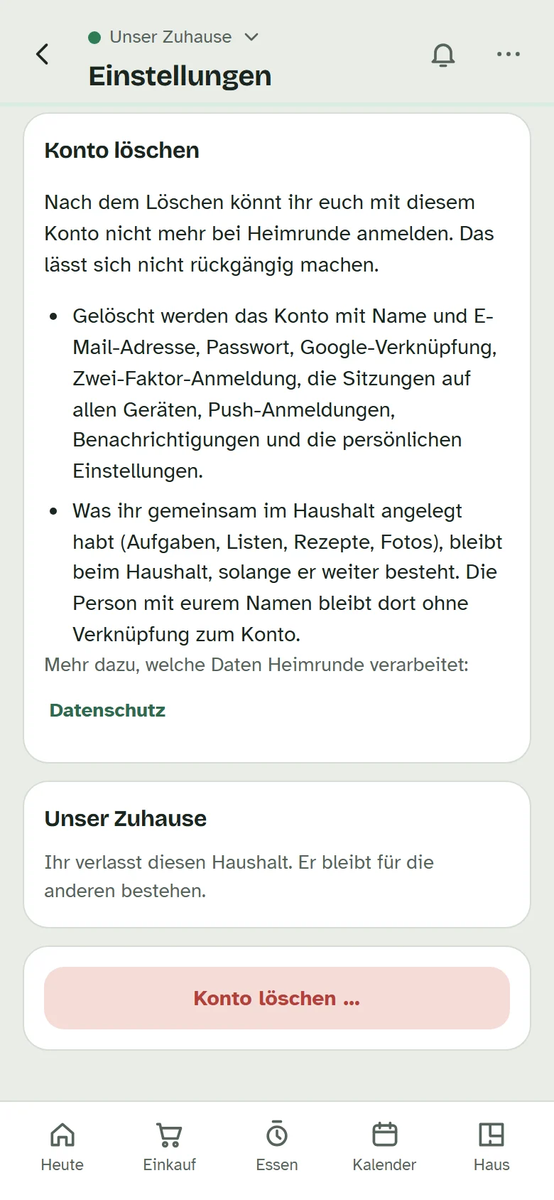 Die Seite „Konto löschen“ mit dem Hinweis, was gelöscht wird und was bleibt, und dem Haushalt „Unser Zuhause“