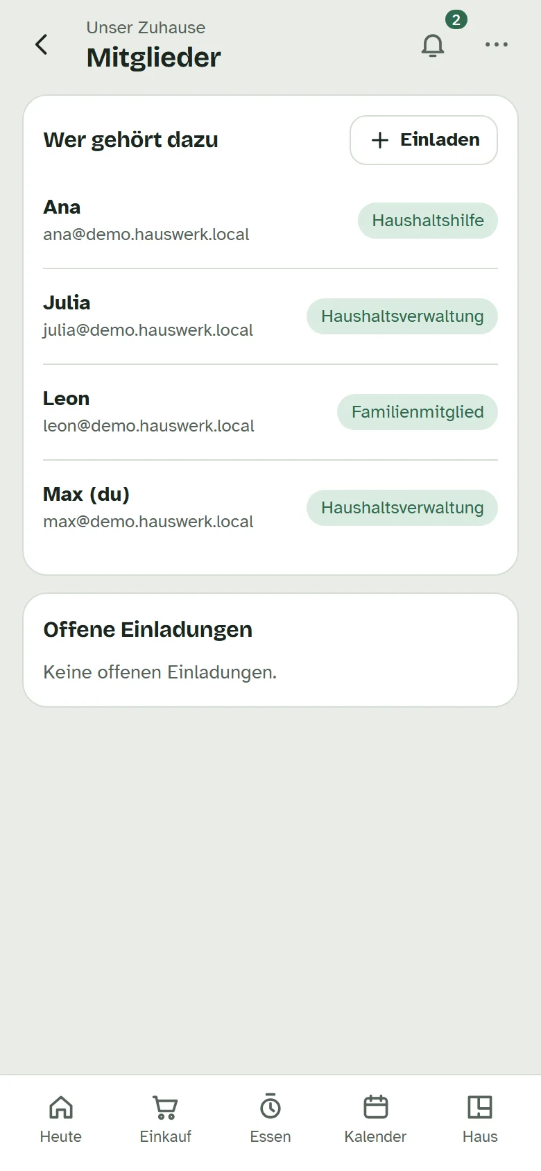 Die Mitgliederliste mit vier Personen und ihren Rollen