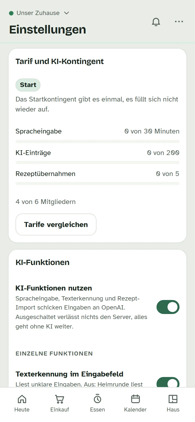 Die Karte „Tarif und KI-Kontingent“ mit dem Tarif Start, drei Balken und dem Knopf „Tarife vergleichen“